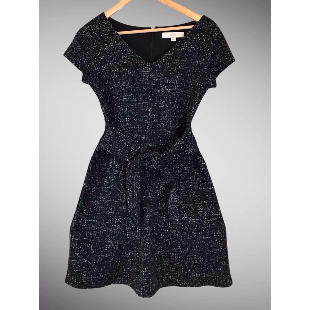 LOFT Shimmer Tweed Tie Waist Dress Size 0 Business Interview Career - Picture 2 of 5